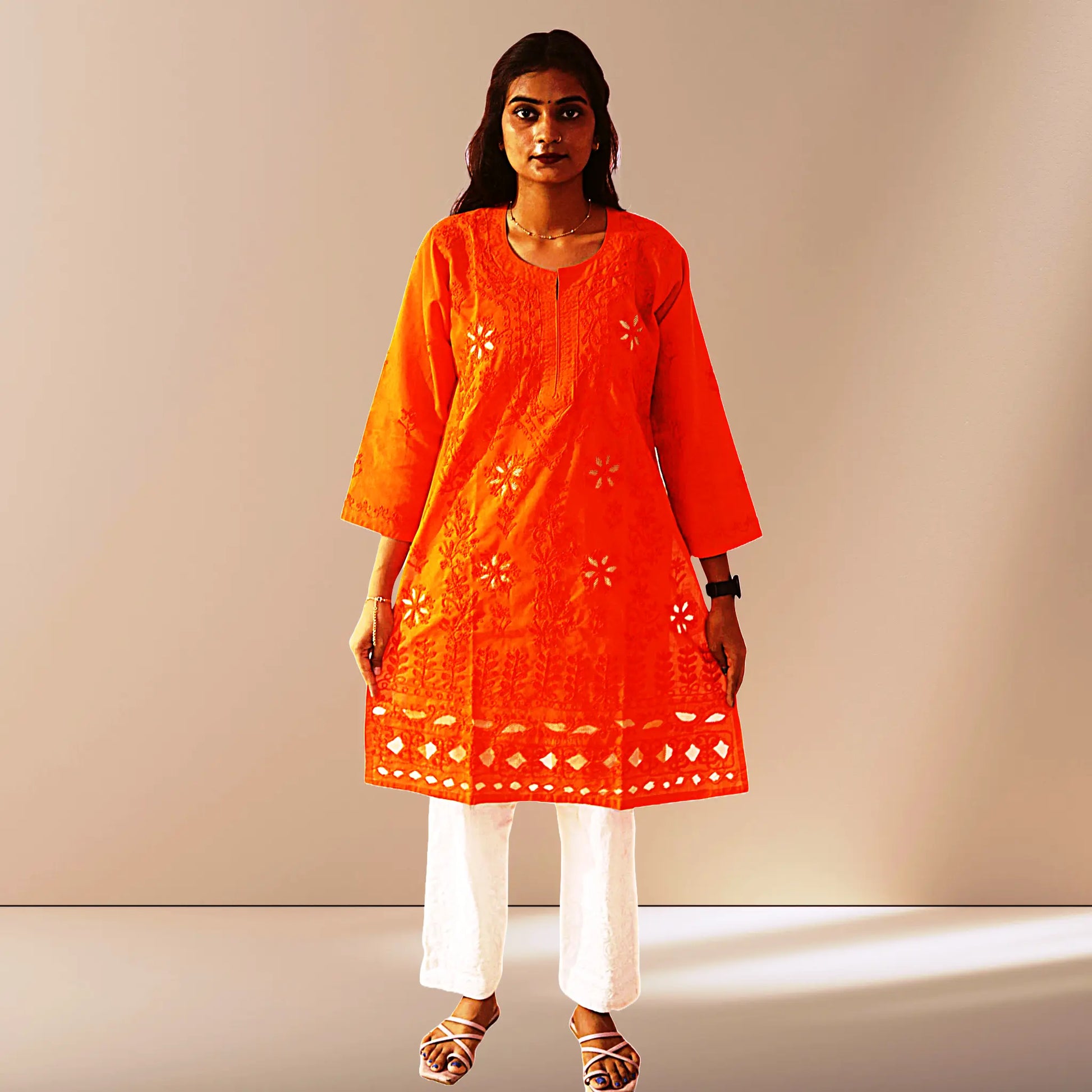 Chikan Cotton Kurti for Women with Net Embroidery Diwali Dress KurtiVerse