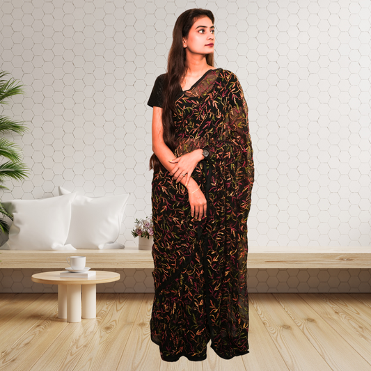 KURTIVERSE Women Chikankari Hand Embroidery Saree Blouse, Black Multi
