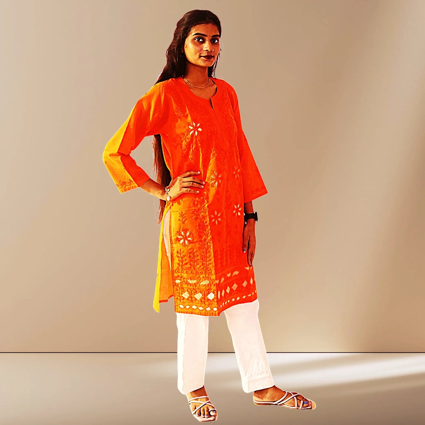 Chikan Cotton Kurti for Women with Net Embroidery Diwali Dress KurtiVerse