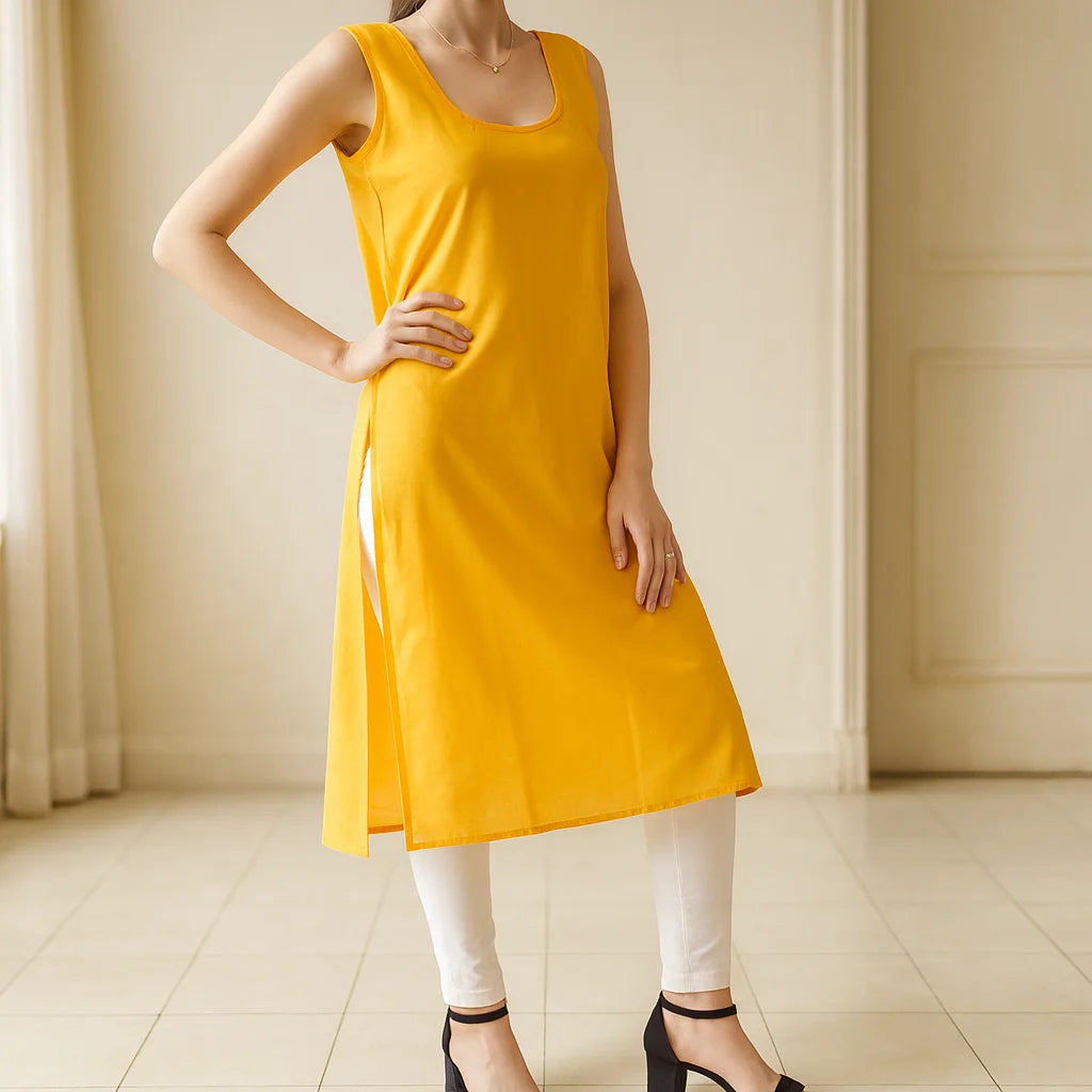 KURTIVERSE Women’s Poly Cotton Long Inner Slip Combo Pack of 2 with Side Slit | Mustard Yellow & White