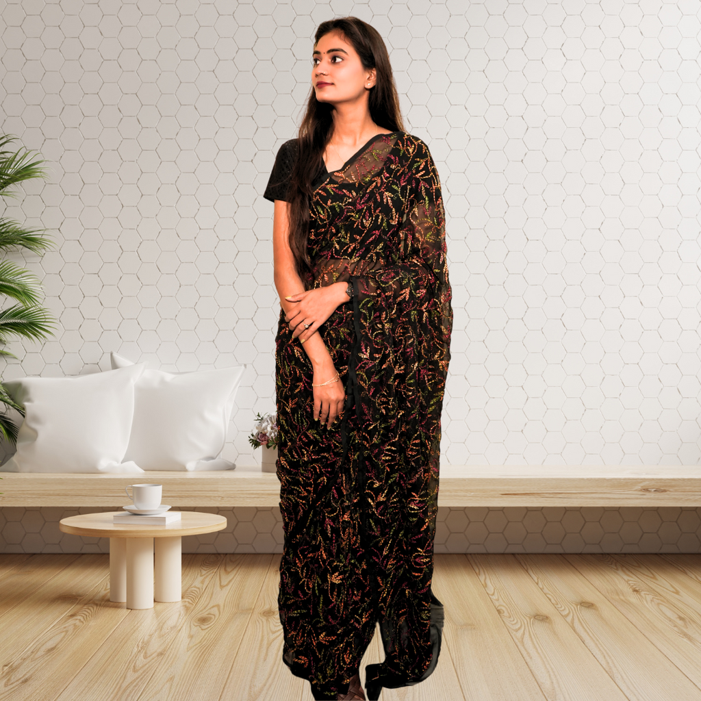 KURTIVERSE Women Chikankari Hand Embroidery Saree Blouse, Black Multi