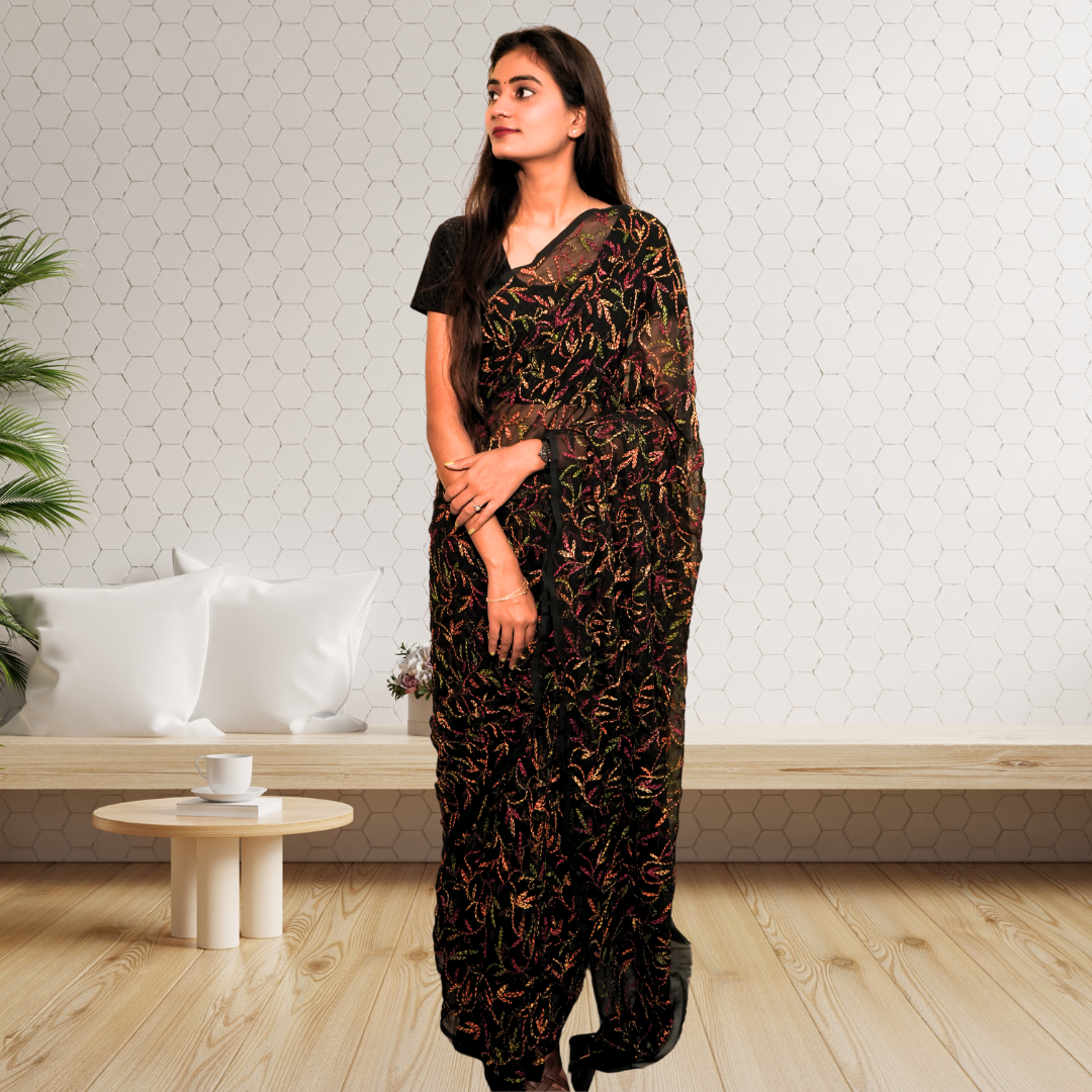 KURTIVERSE Women Chikankari Hand Embroidery Saree Blouse, Black Multi