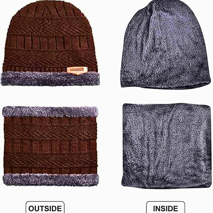 KURTIVERSE Grey & Dark Brown Woolen Cap Neck Warmer Set Combo Pack Of 2