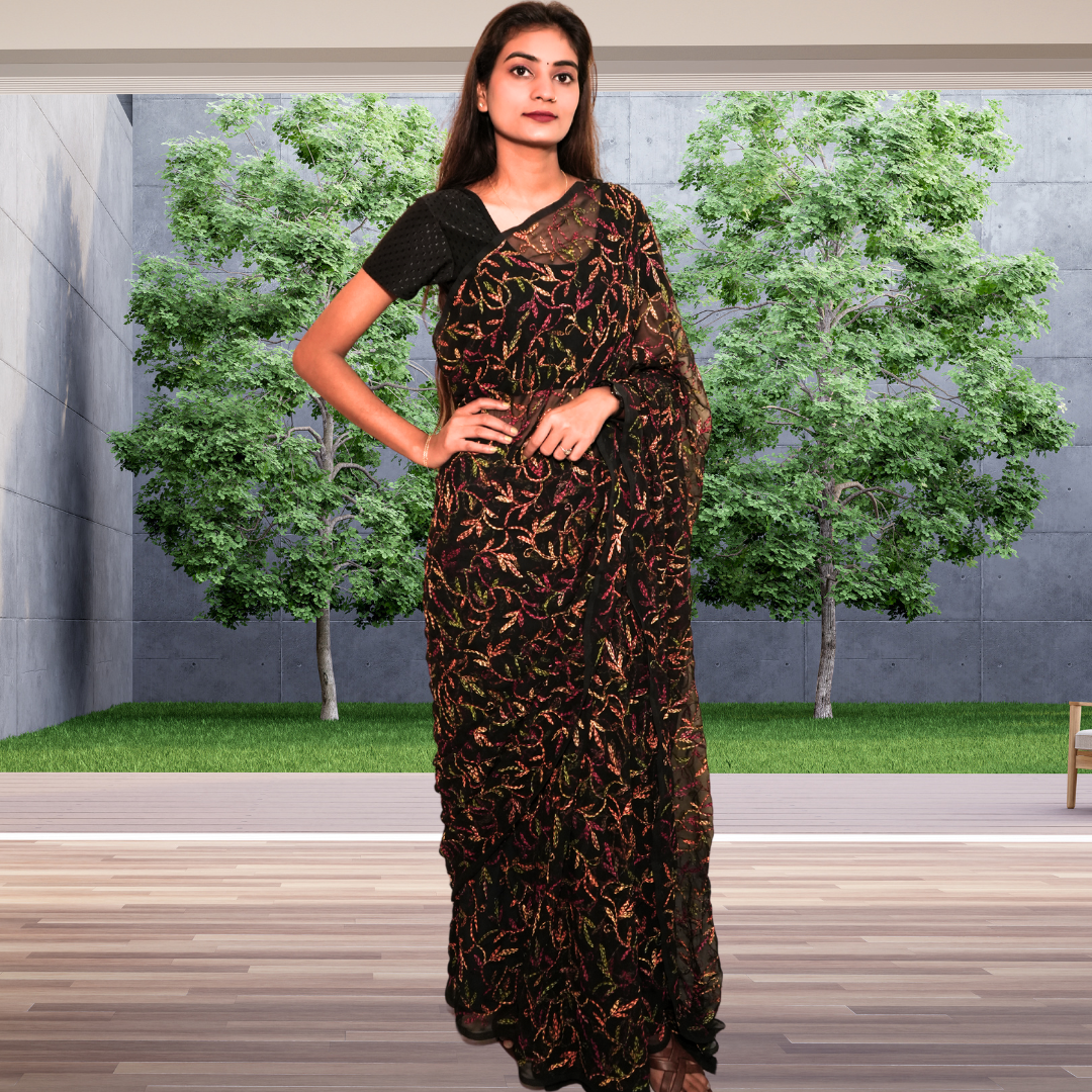 KURTIVERSE Women Chikankari Hand Embroidery Saree Blouse, Black Multi