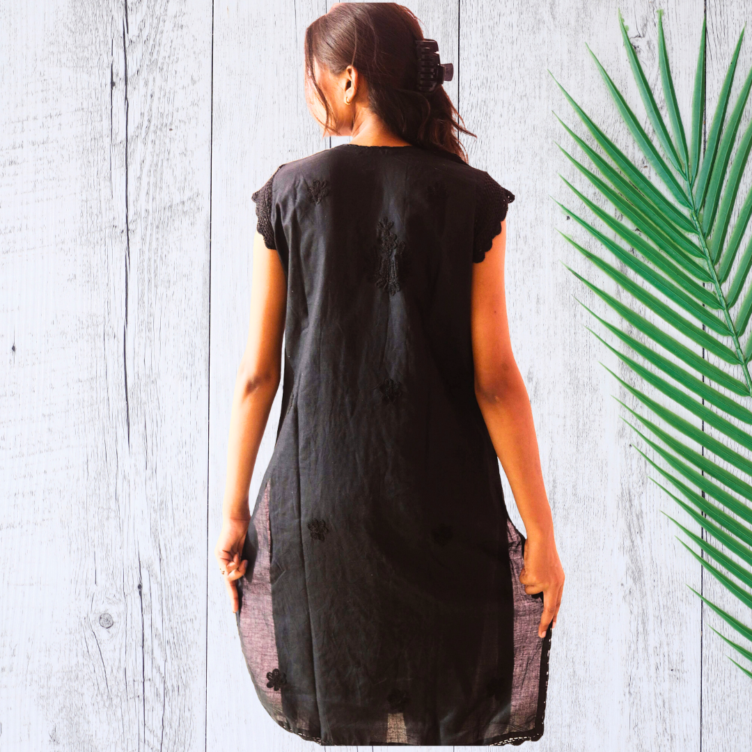 KurtiVerse Short Sleeve Cotton Chikan Embroidery Kurti for Women Black