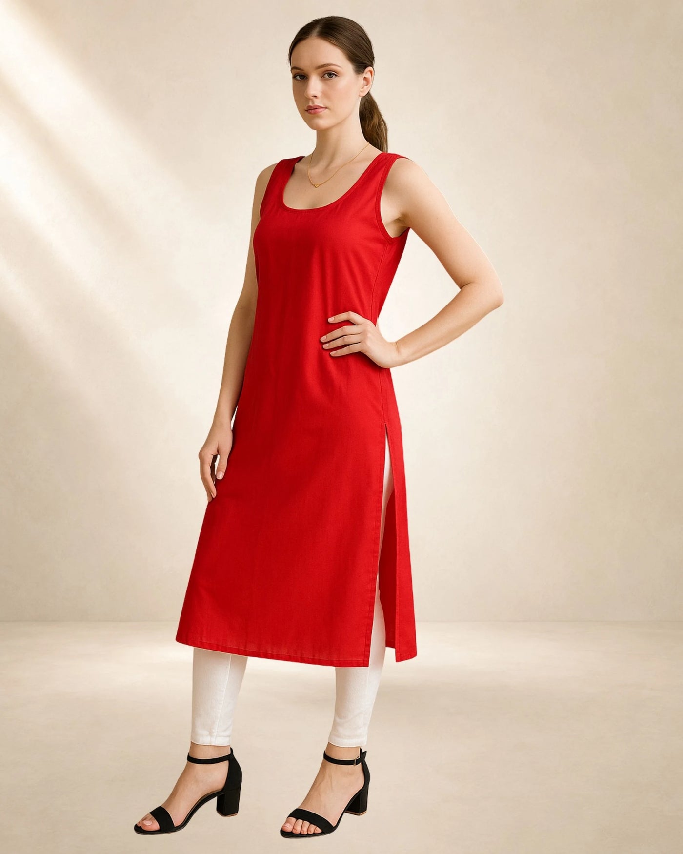 KURTIVERSE Women’s Poly Cotton Long Inner Slip Combo Pack of 2 with Side Slit | Red & Black
