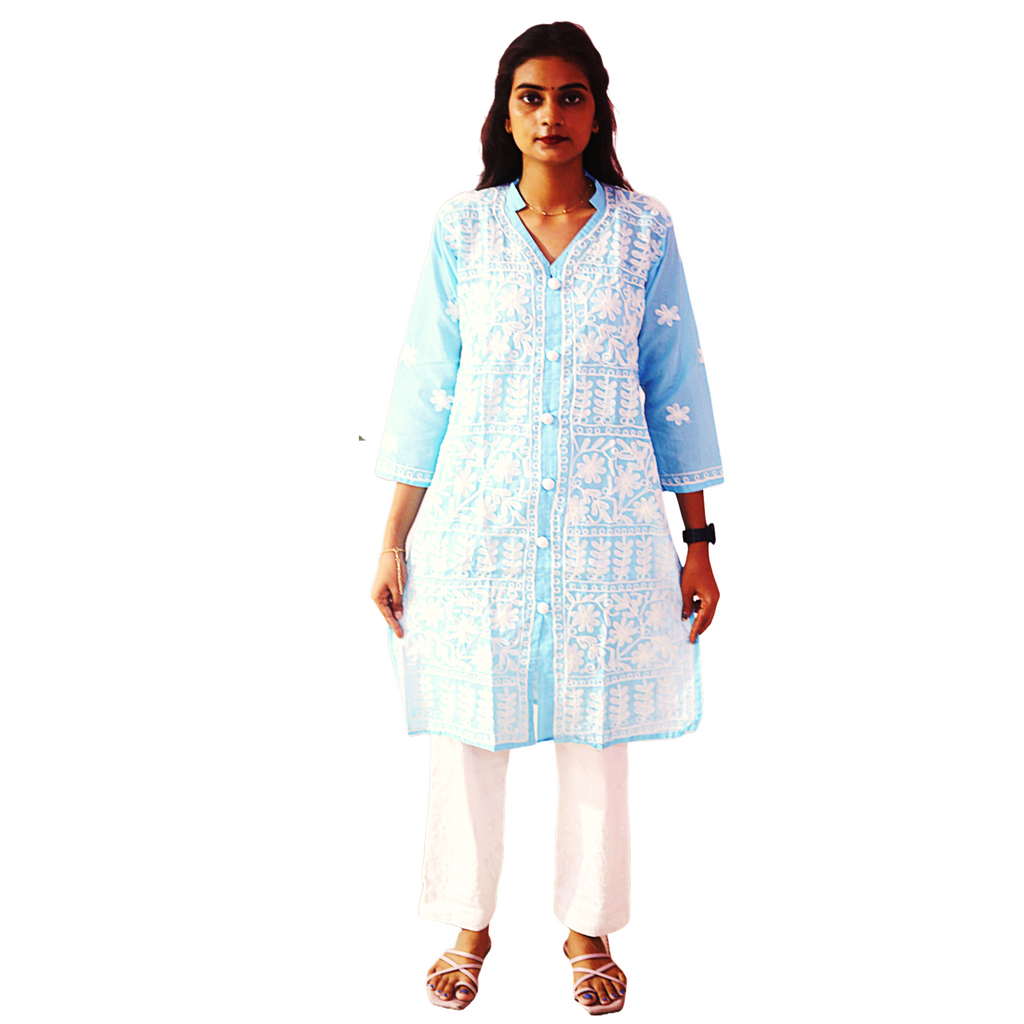 KurtiVerse Cotton Kurti for Women Sky Blue Embroidery Kurta