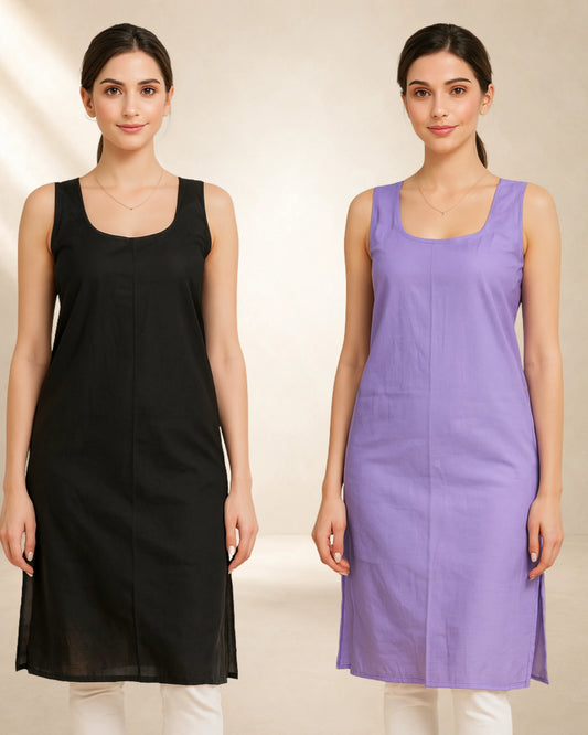 KURTIVERSE Women’s Poly Cotton Long Inner Slip Combo Pack of 2 with Side Slit | Lavender & Black