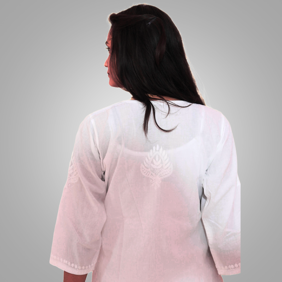 KURTIVERSE White Pure Cotton V Neck Kurti Women Chikankari Kurta