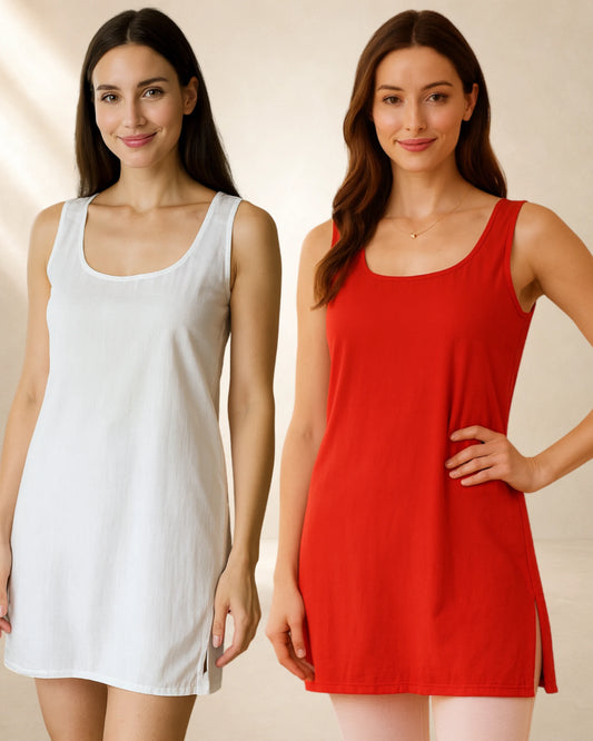 KURTIVERSE Women’s Cotton Short Inner Slip Combo Pack of 2 | Red & White