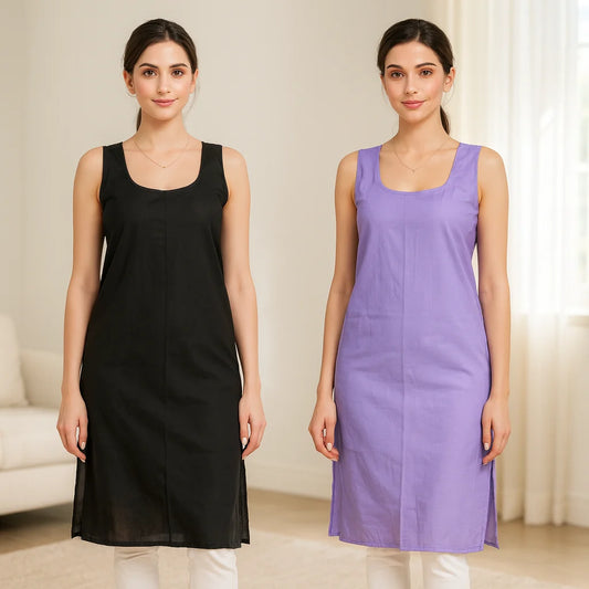 KURTIVERSE Women’s Poly Cotton Long Inner Slip Combo Pack of 2 with Side Slit | Lavender & Black