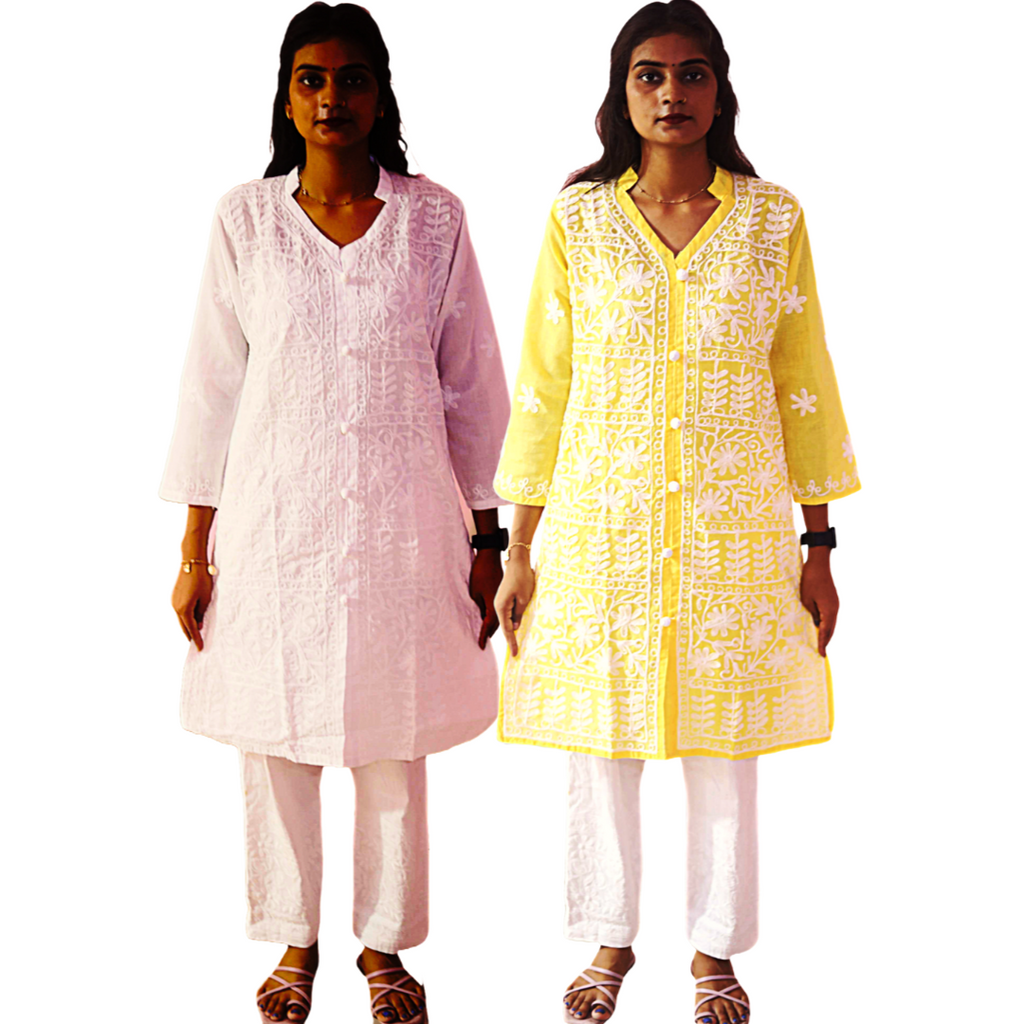 KurtiVerse White & Yellow Button Kurti Combo Pack Of 2