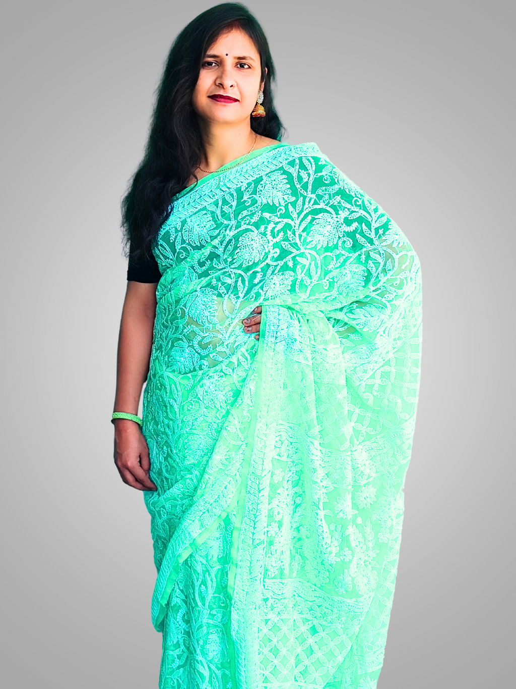 KURTIVERSE Chikan Hand Embroidered Georgette Saree with Blouse