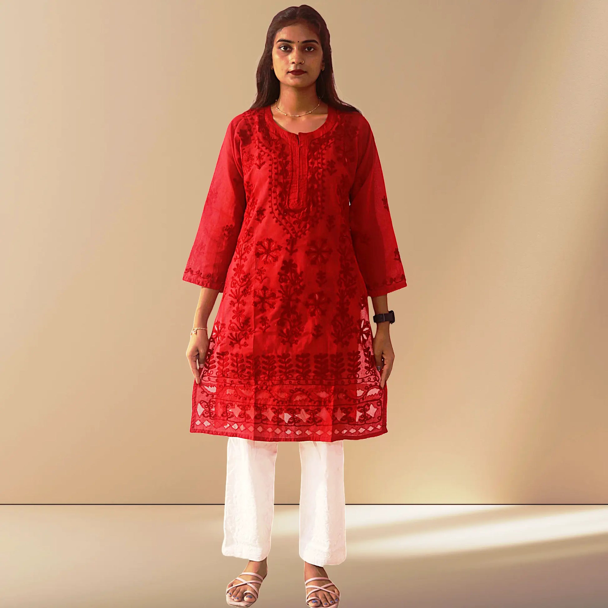 Chikan Cotton Kurti for Women with Net Embroidery Diwali Dress KurtiVerse