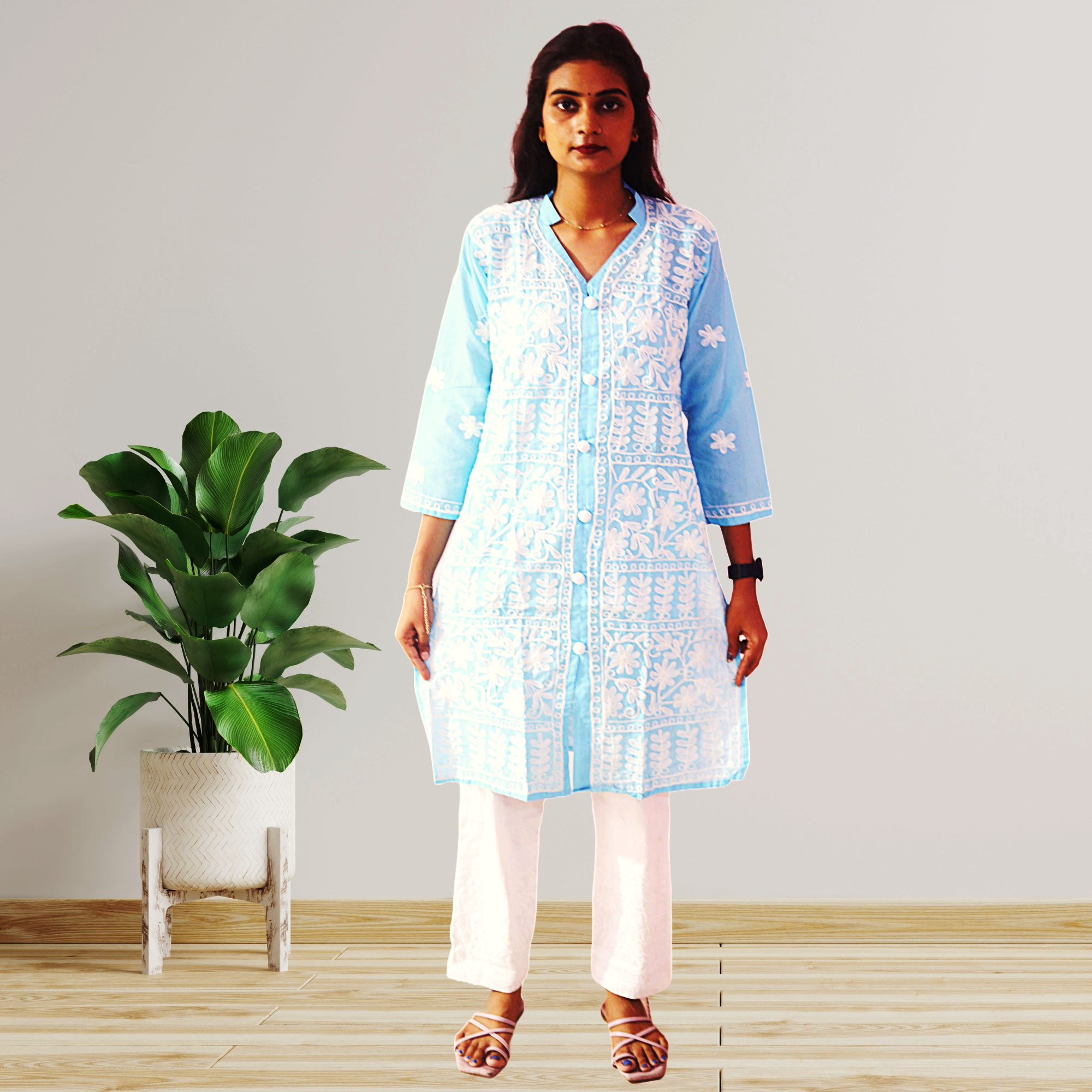 KurtiVerse Cotton Kurti for Women Sky Blue Embroidery Kurta