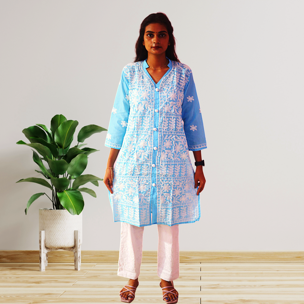 KurtiVerse Cotton Kurti for Women Sky Blue Embroidery Kurta