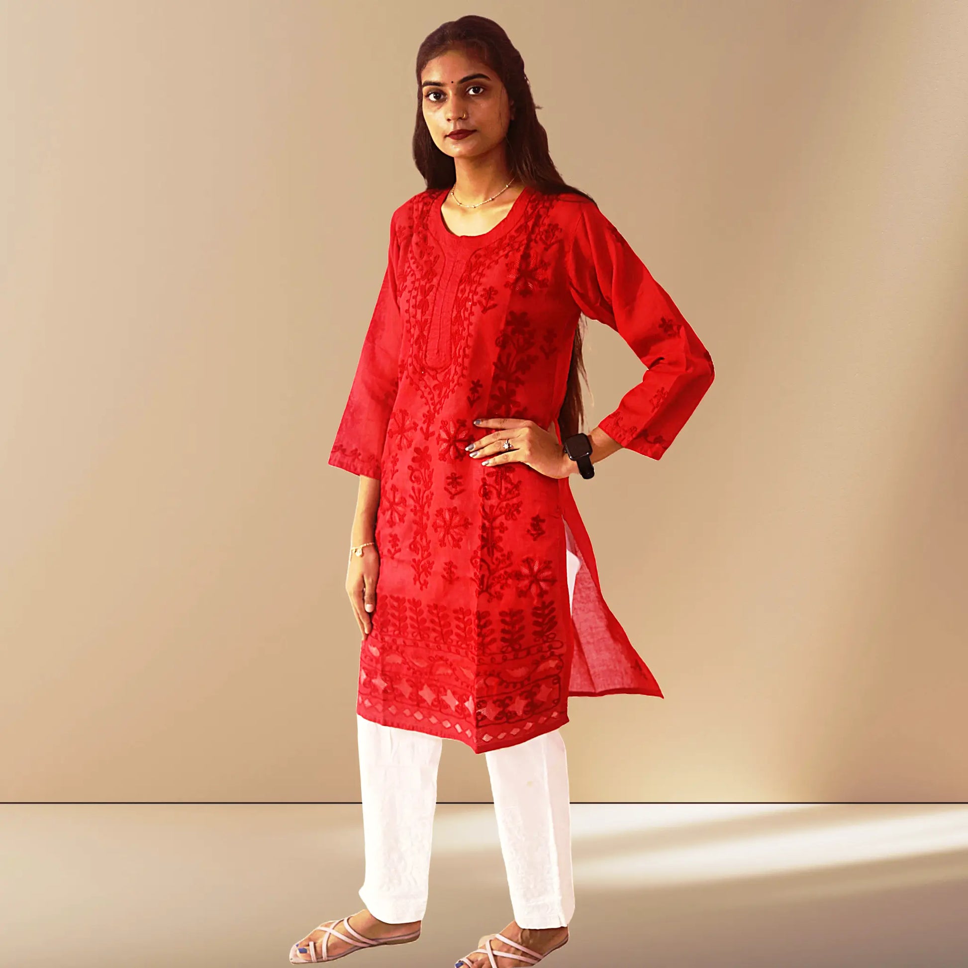 Chikan Cotton Kurti for Women with Net Embroidery Diwali Dress KurtiVerse