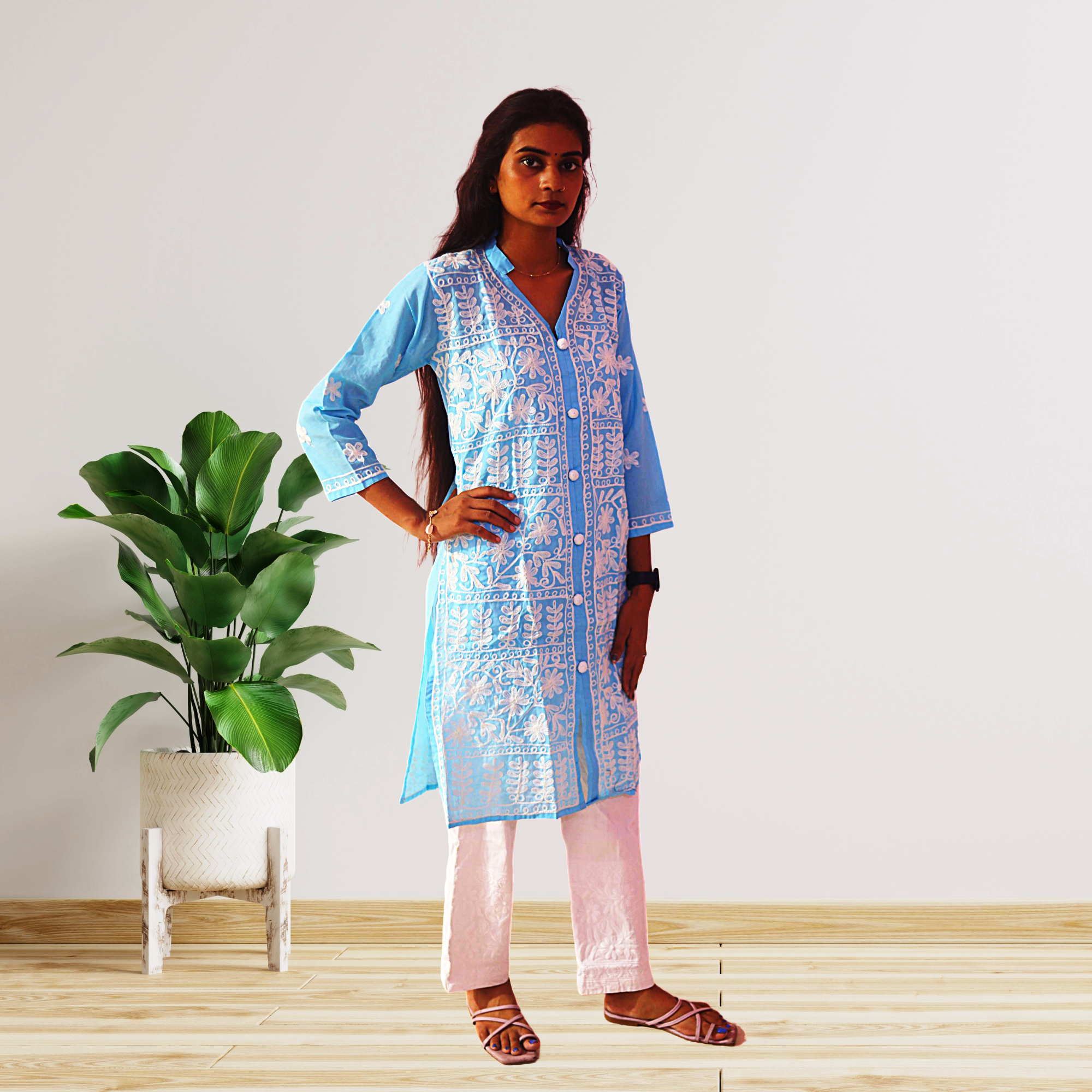 KurtiVerse Cotton Kurti for Women Sky Blue Embroidery Kurta