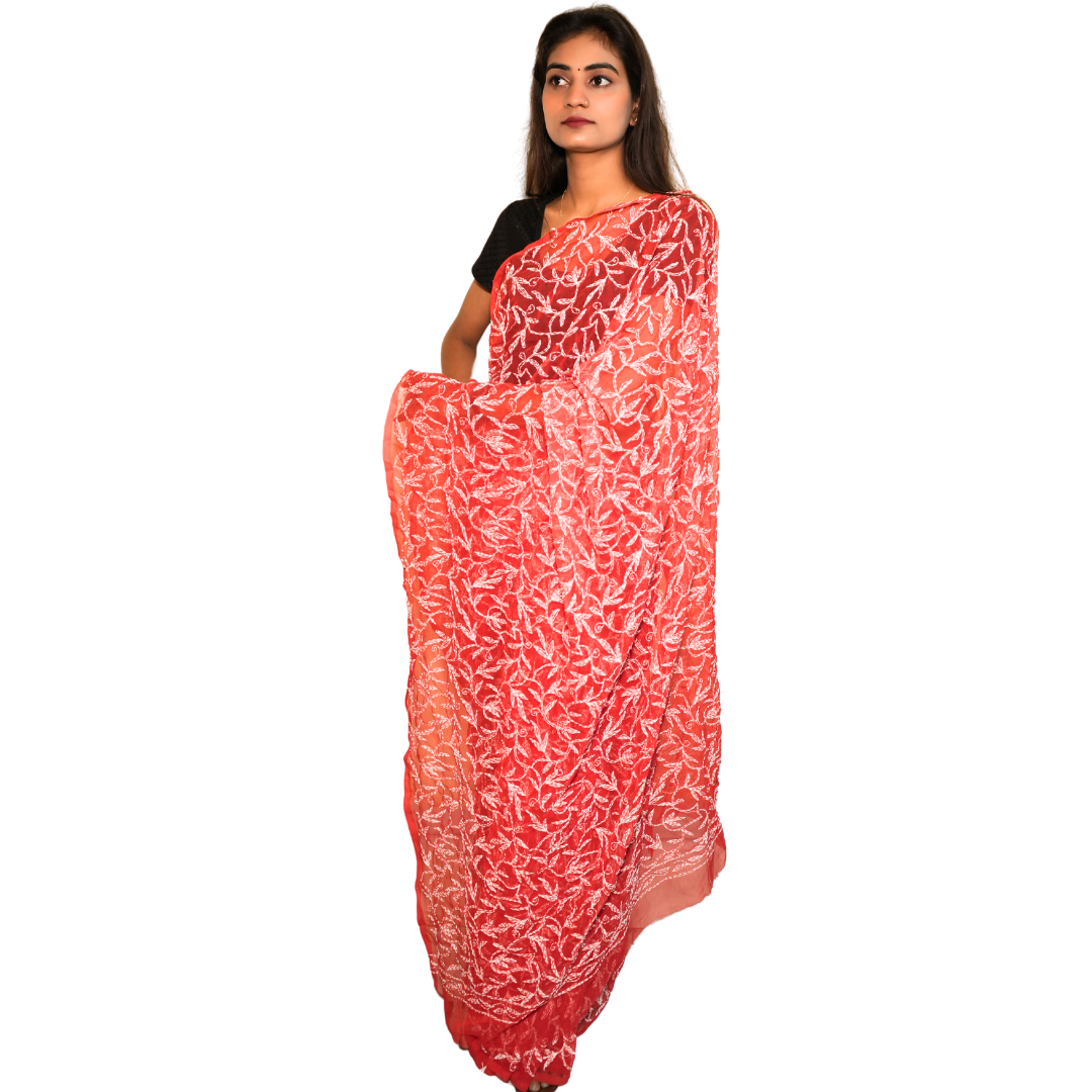 KURTIVERSE Women Chikankari Hand Embroidery Saree Blouse, Red