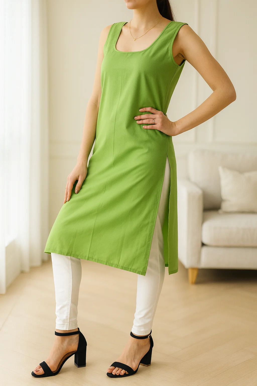 KURTIVERSE Women’s Poly Cotton Long Inner Slip Combo Pack of 2 with Side Slit | Green & White
