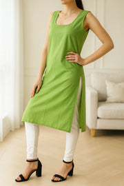 KURTIVERSE Women’s Poly Cotton Long Inner Slip Combo Pack of 2 with Side Slit | Green & White