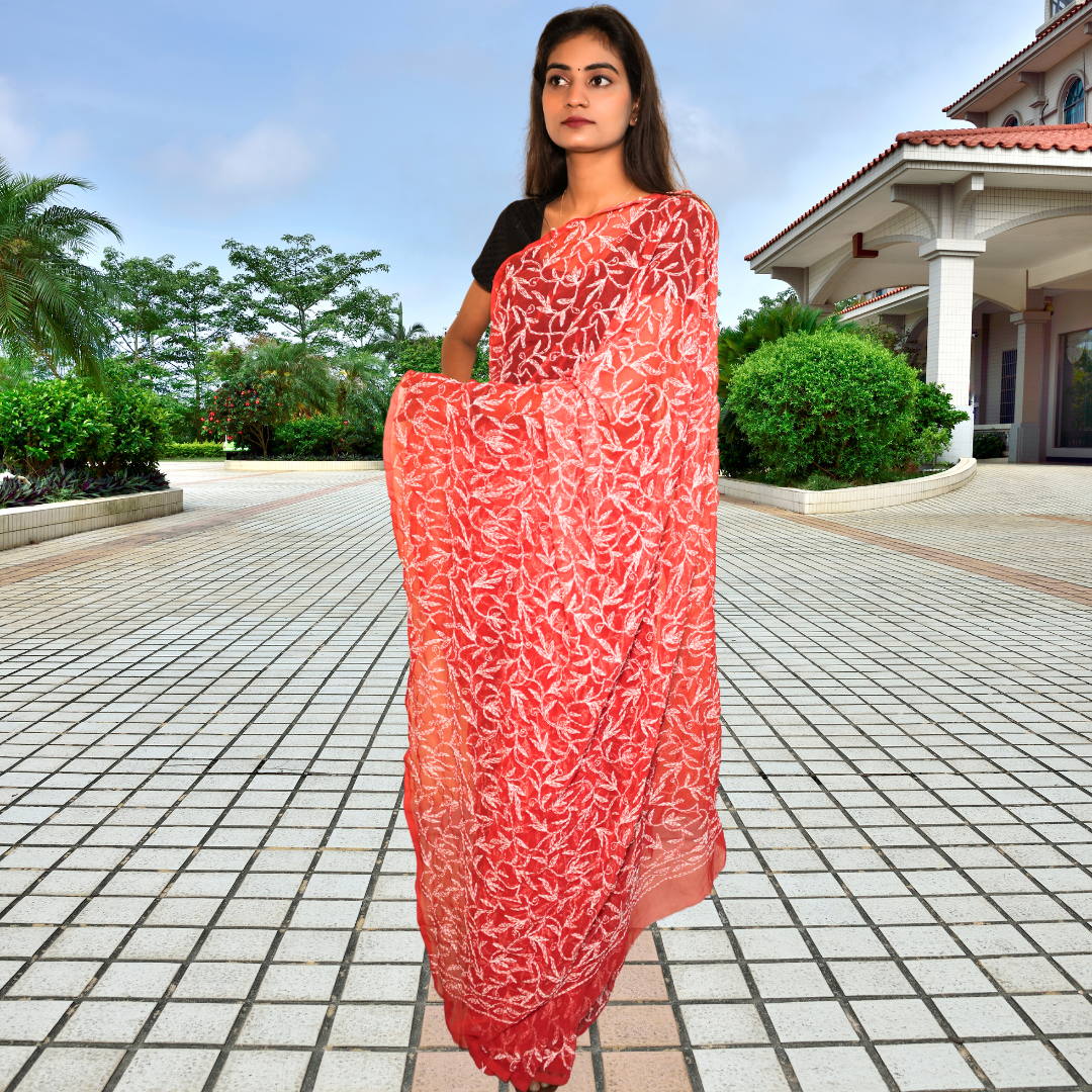 KURTIVERSE Women Chikankari Hand Embroidery Saree Blouse, Red