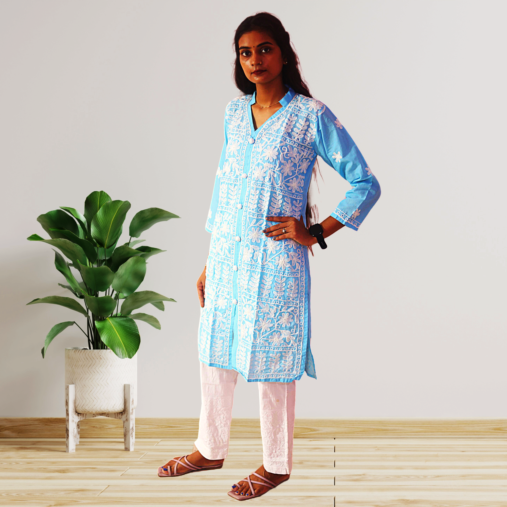 KurtiVerse Cotton Kurti for Women Sky Blue Embroidery Kurta