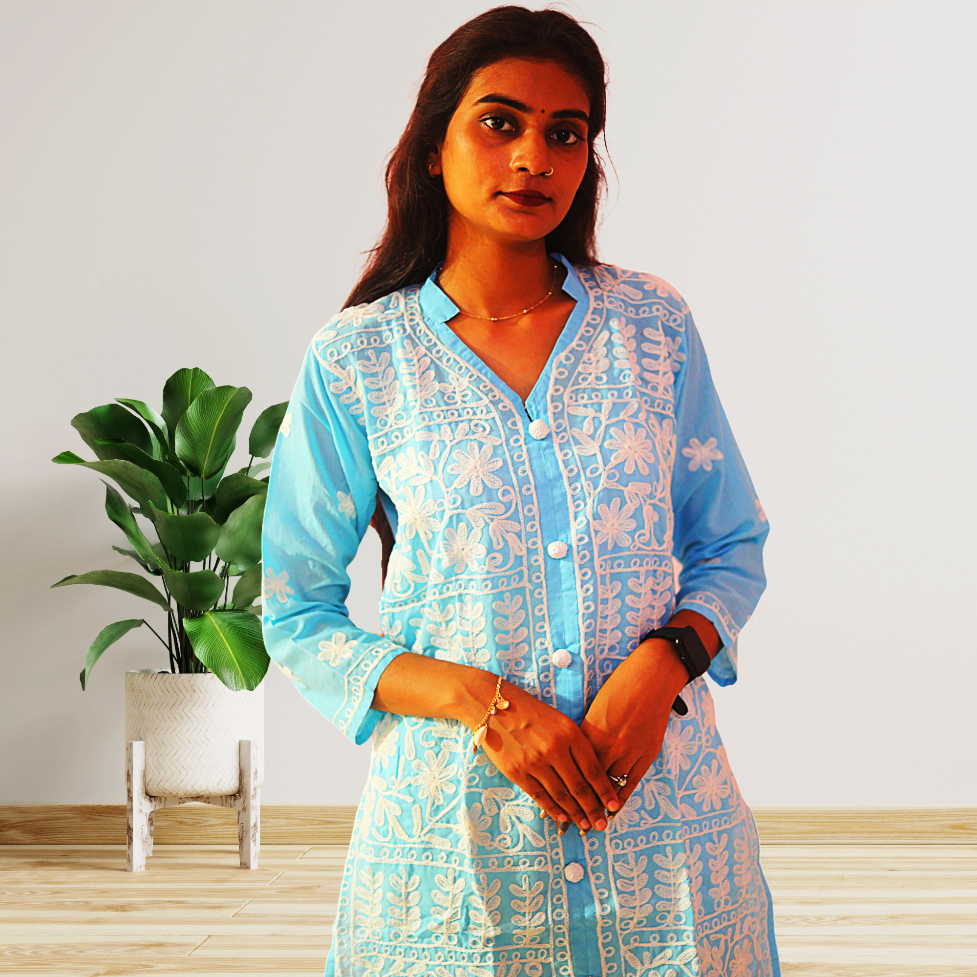 KurtiVerse Cotton Kurti for Women Sky Blue Embroidery Kurta