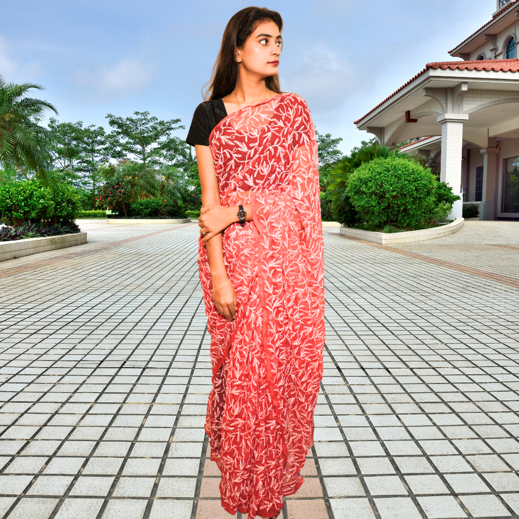 KURTIVERSE Women Chikankari Hand Embroidery Saree Blouse, Red
