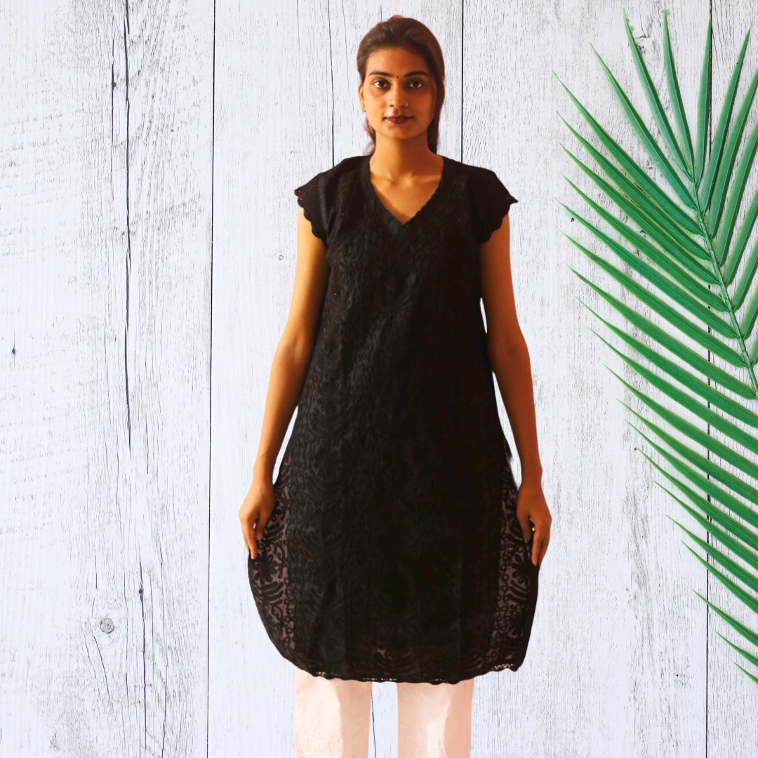 KurtiVerse Short Sleeve Cotton Chikan Embroidery Kurti for Women Black