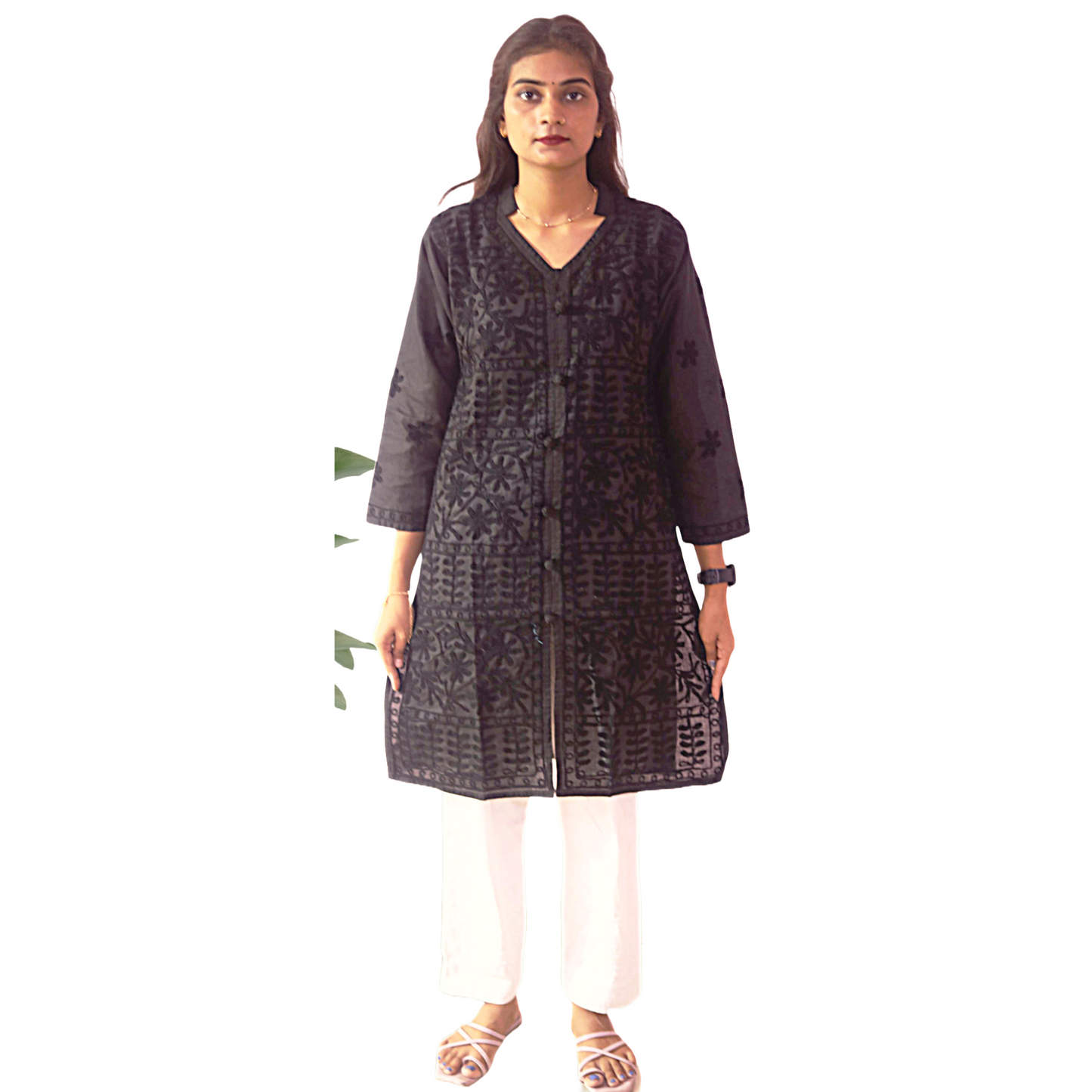 KurtiVerse Black Cotton Button Kurti for Women with Machine Embroidery