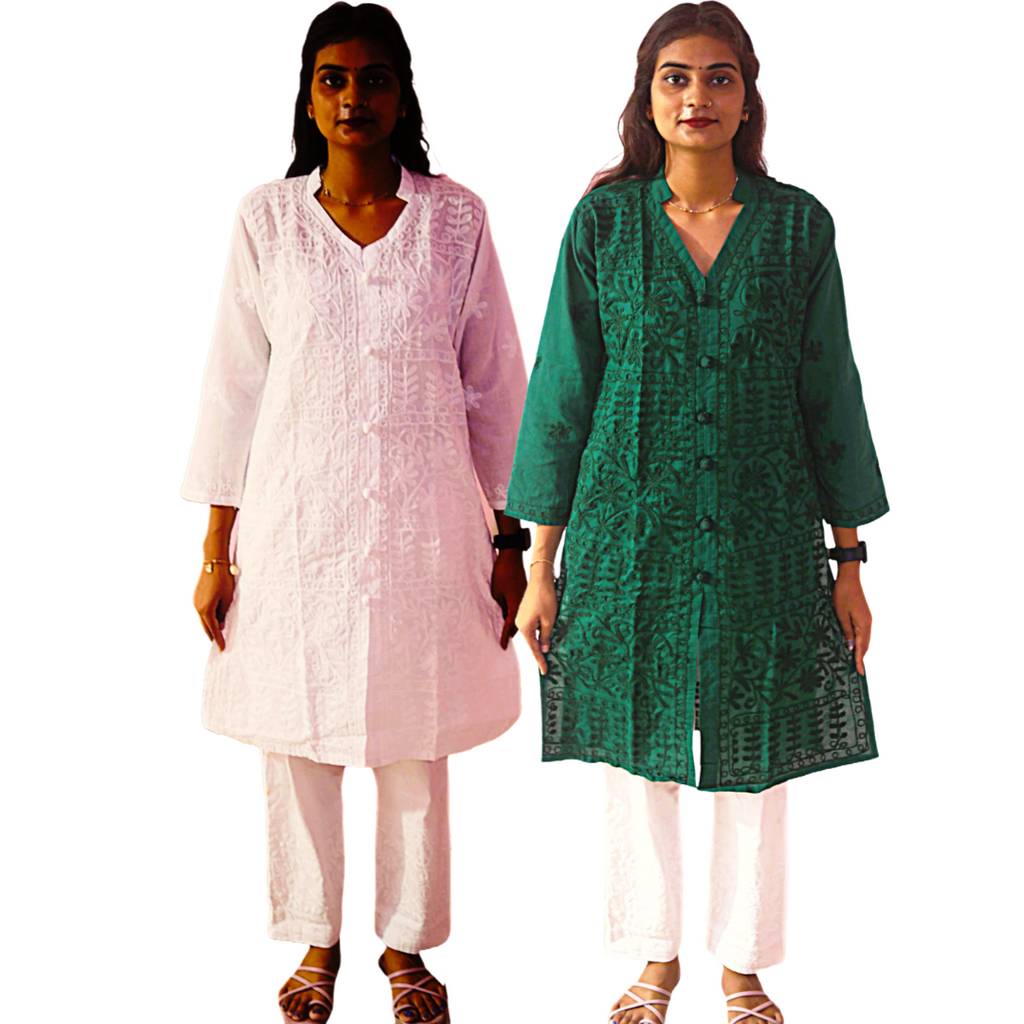 KurtiVerse White & Bottle Green Button Kurti Combo Pack Of 2