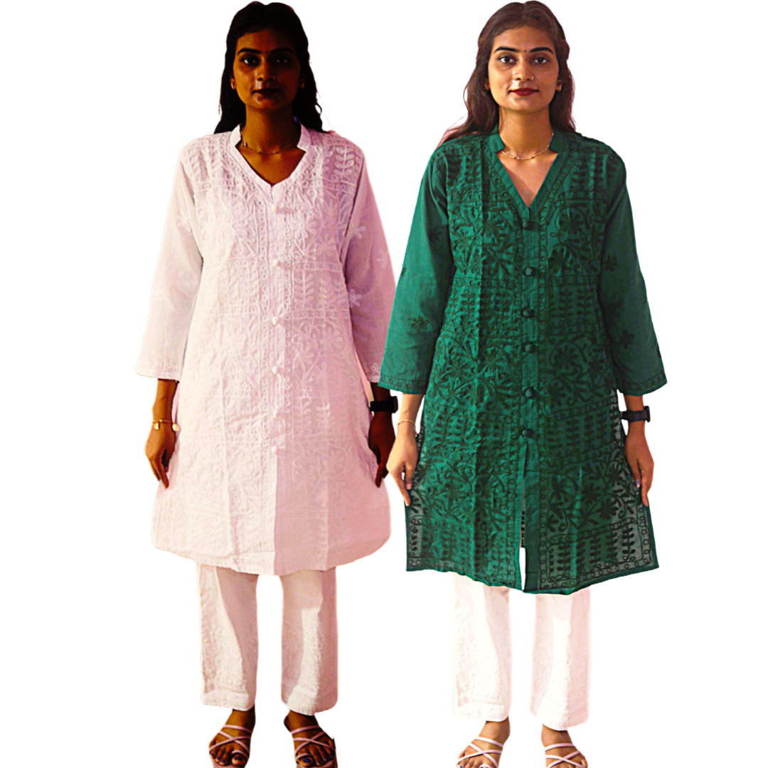 KurtiVerse White & Bottle Green Button Kurti Combo Pack Of 2
