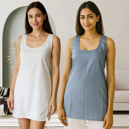 KURTIVERSE Women’s Cotton Short Inner Slip Combo Pack of 2 | Grey & White