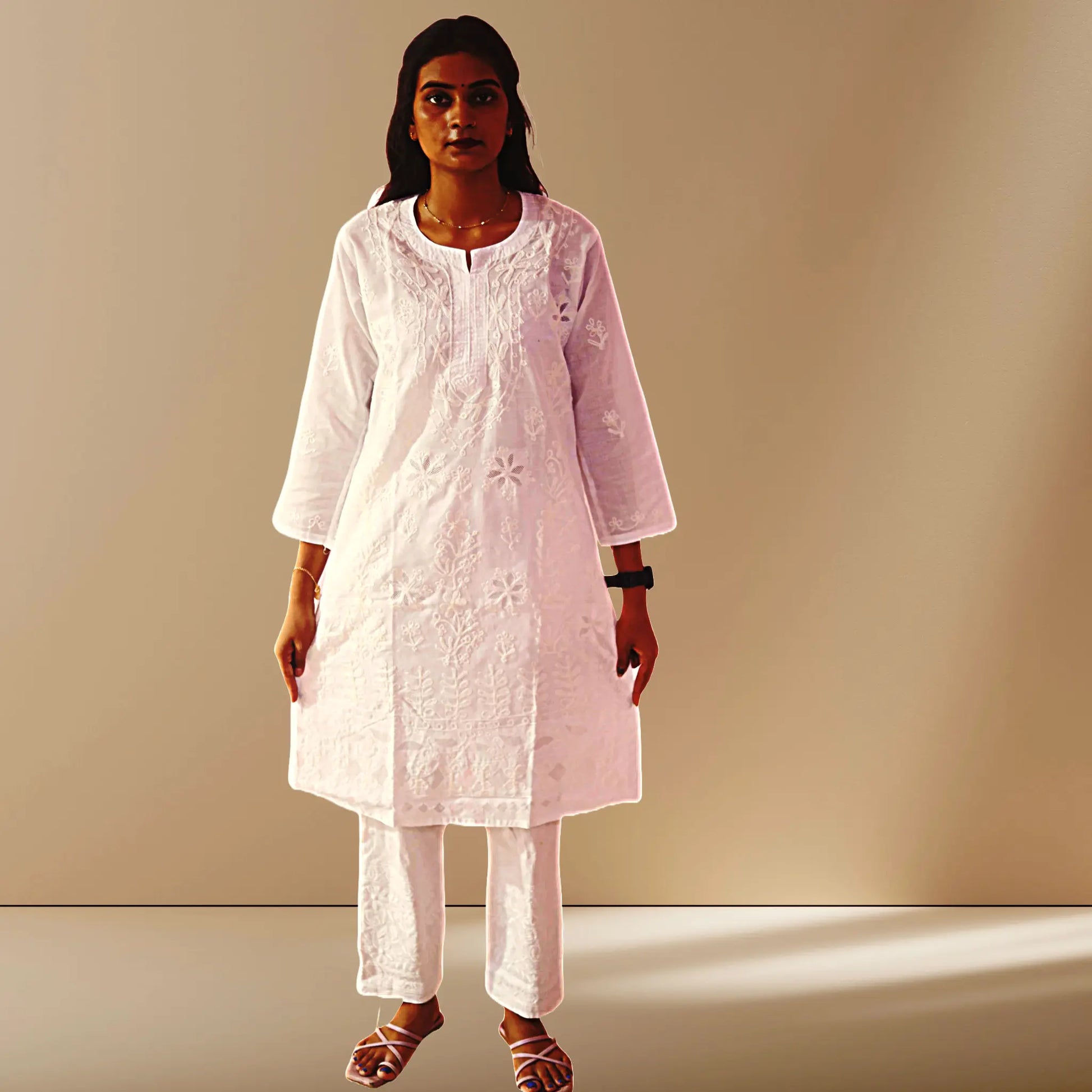 Chikan Cotton Kurti for Women with Net Embroidery Diwali Dress KurtiVerse