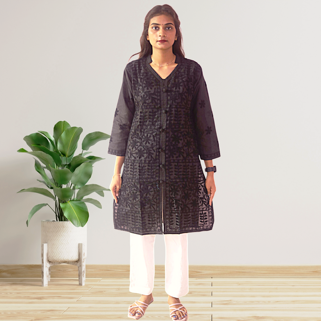 KurtiVerse Black Cotton Button Kurti for Women with Machine Embroidery