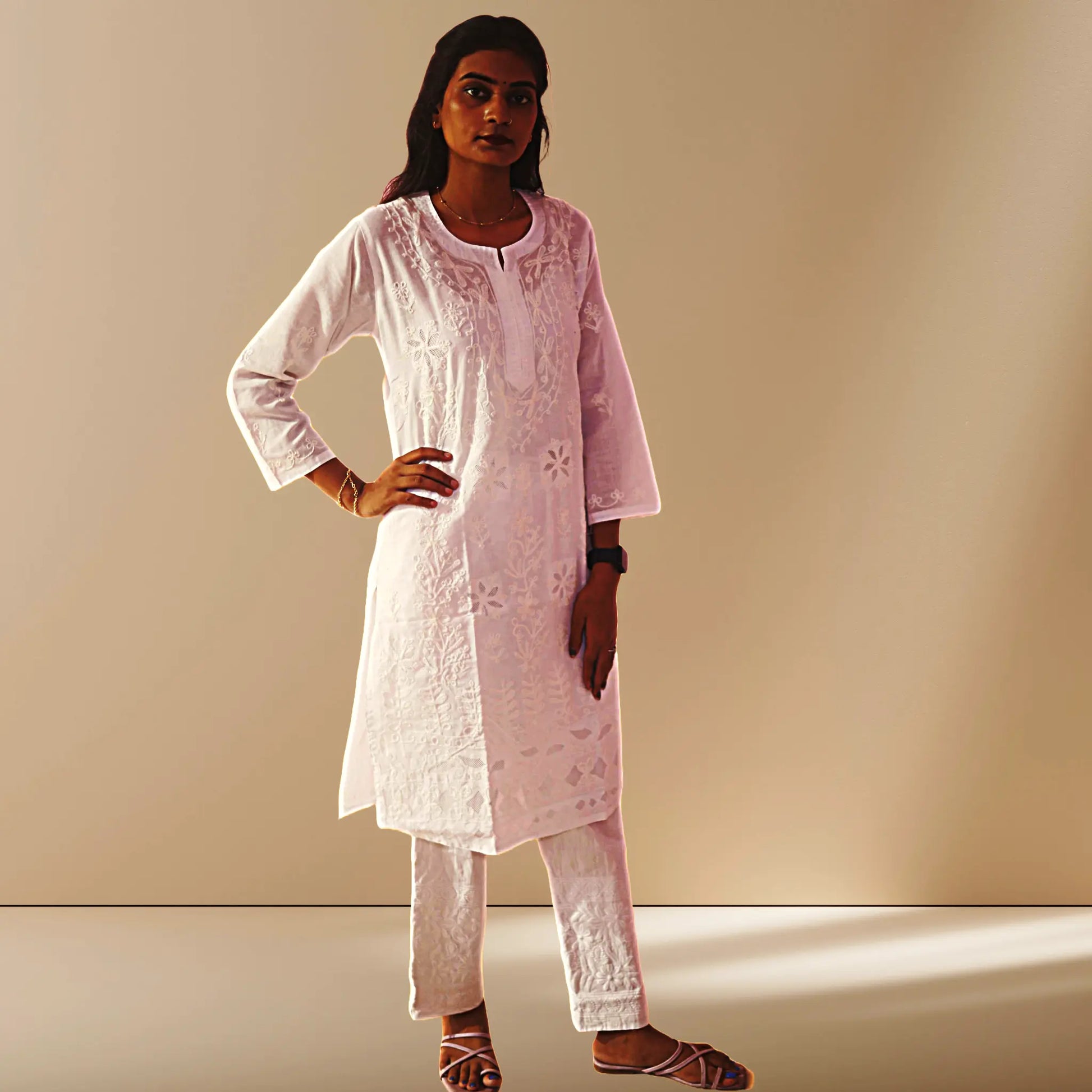 Chikan Cotton Kurti for Women with Net Embroidery Diwali Dress KurtiVerse