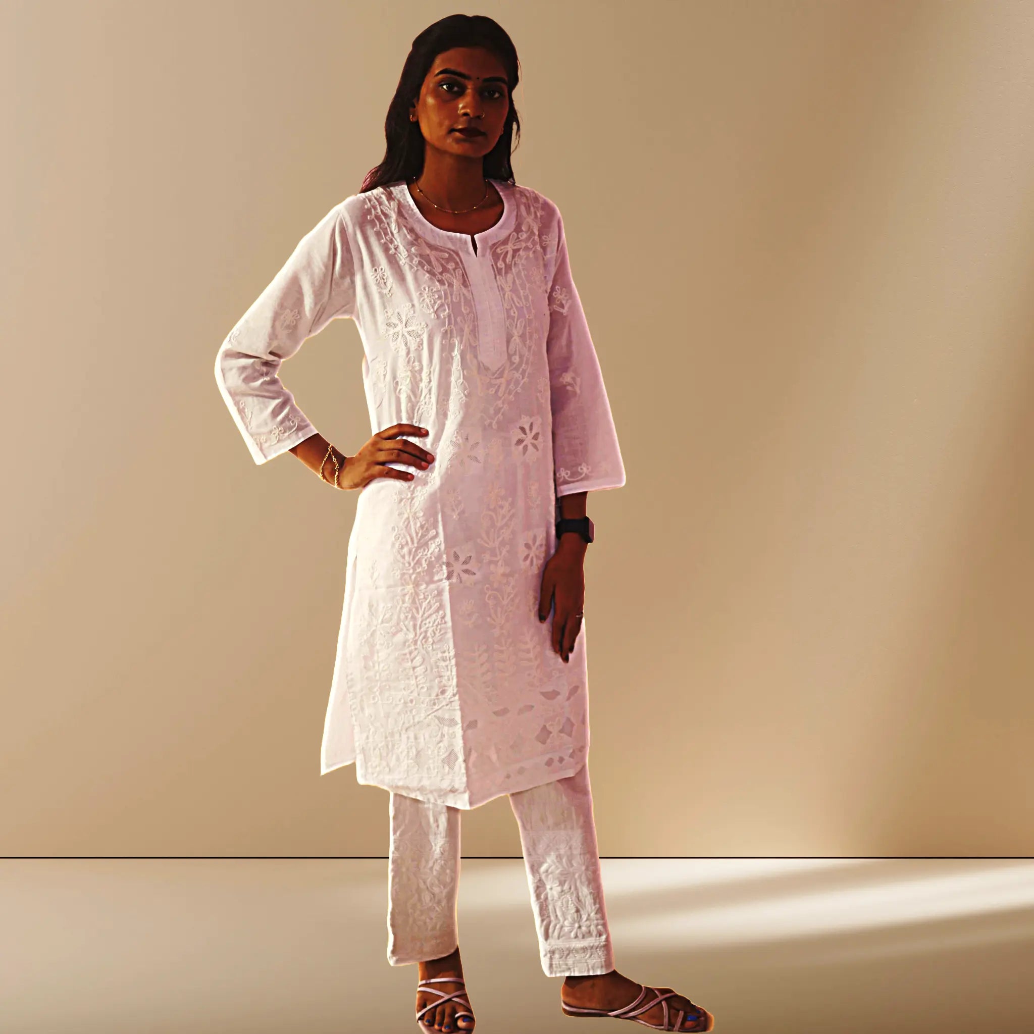 Chikan Cotton Kurti for Women with Net Embroidery Diwali Dress KurtiVerse