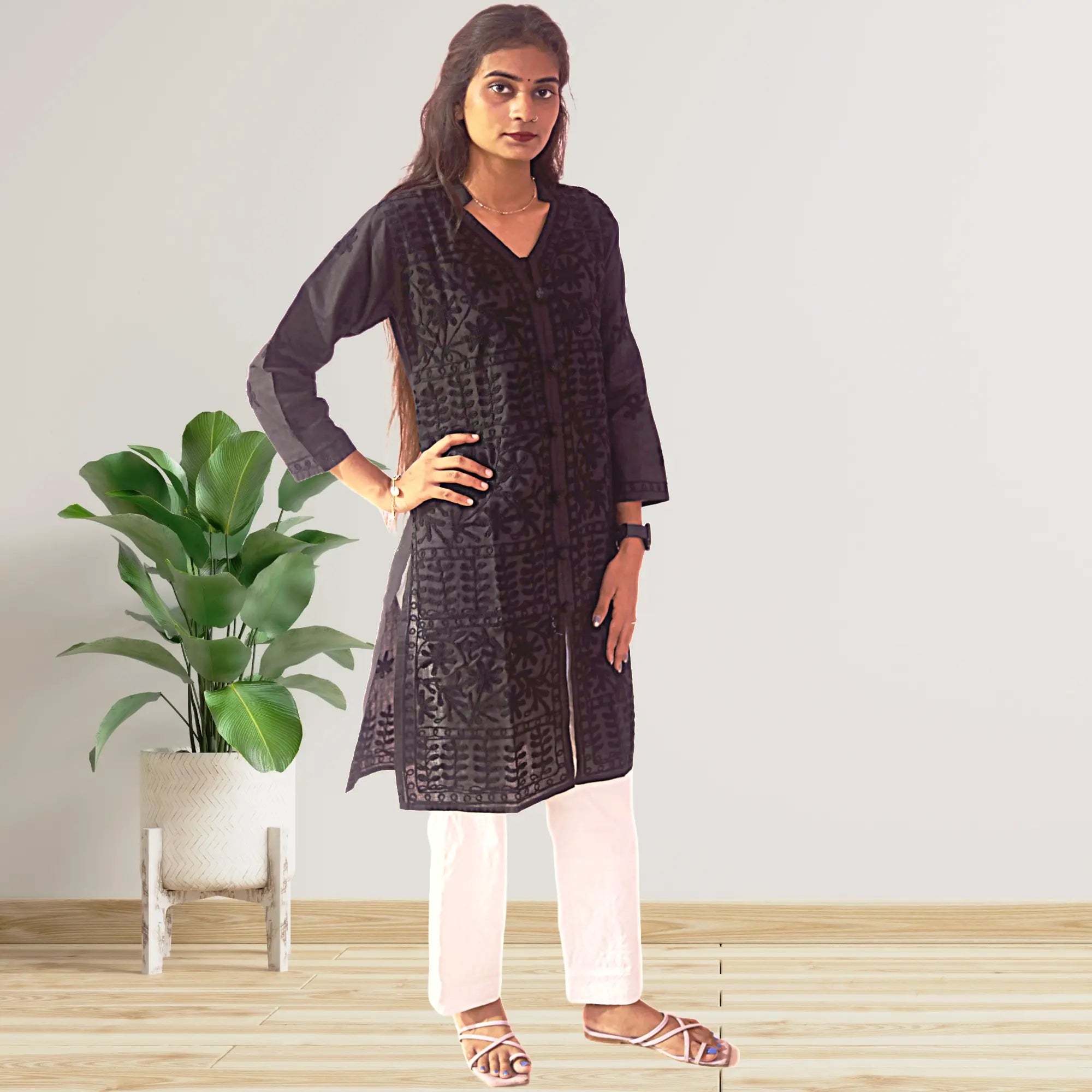 Women Cotton Kurti with Chikan Machine Embroidery Work Kurta for Ladies Diwali Festival Dress KurtiVerse