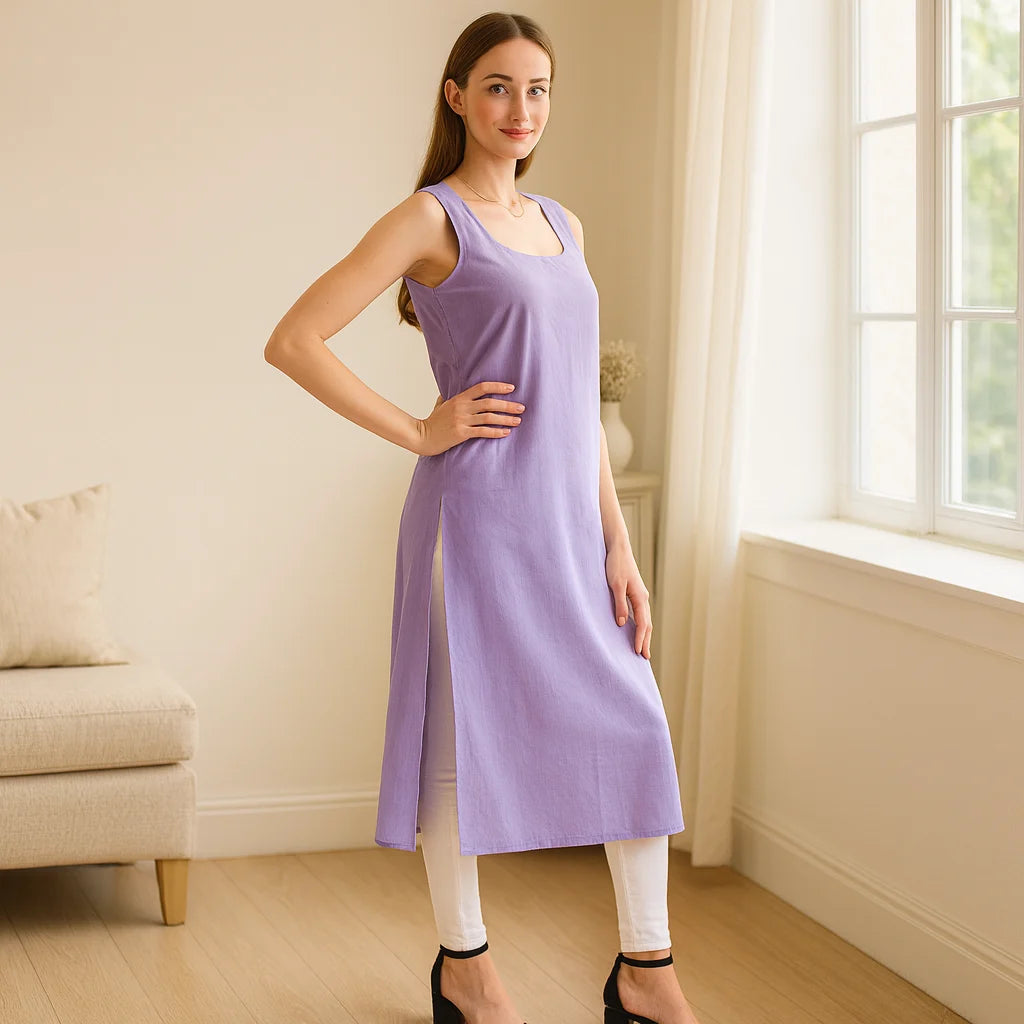 KURTIVERSE Women’s Poly Cotton Long Inner Slip Combo Pack of 2 with Side Slit | Lavender & Black