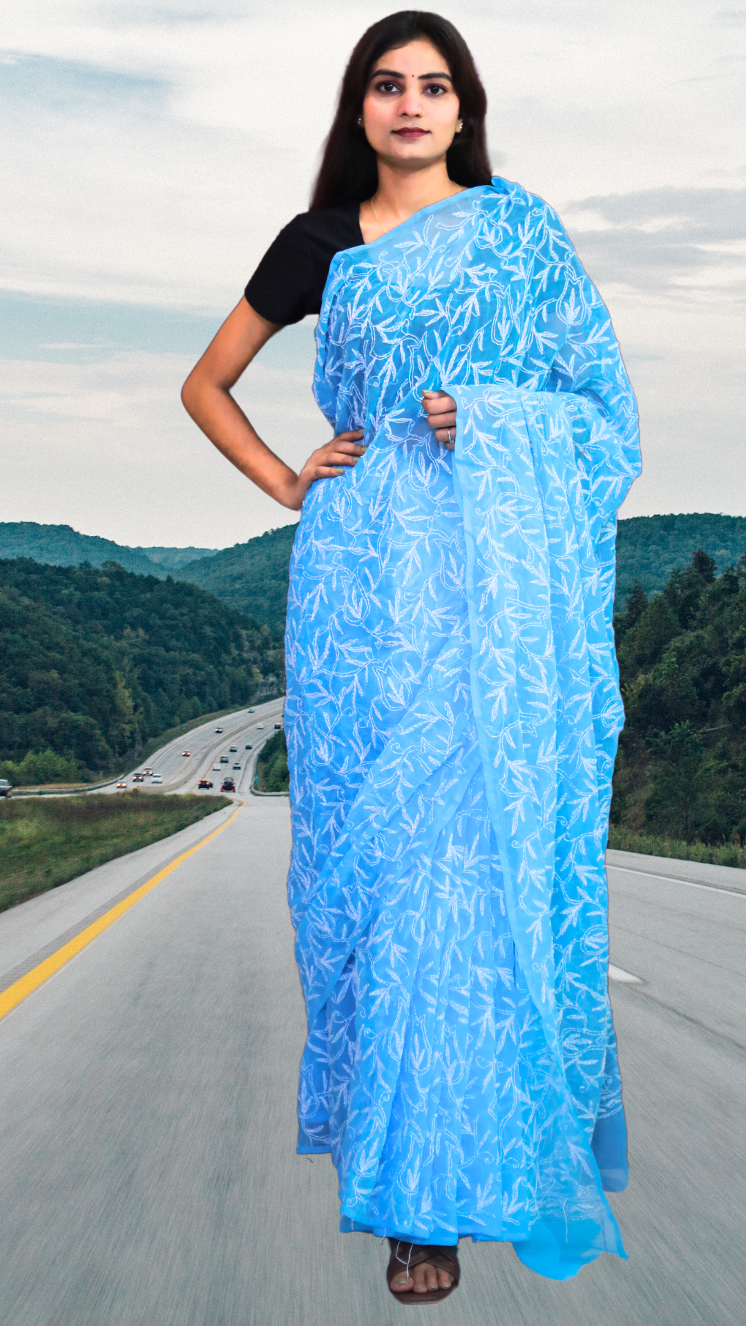 KURTIVERSE Women Chikankari Hand Embroidery Saree Blouse, Blue