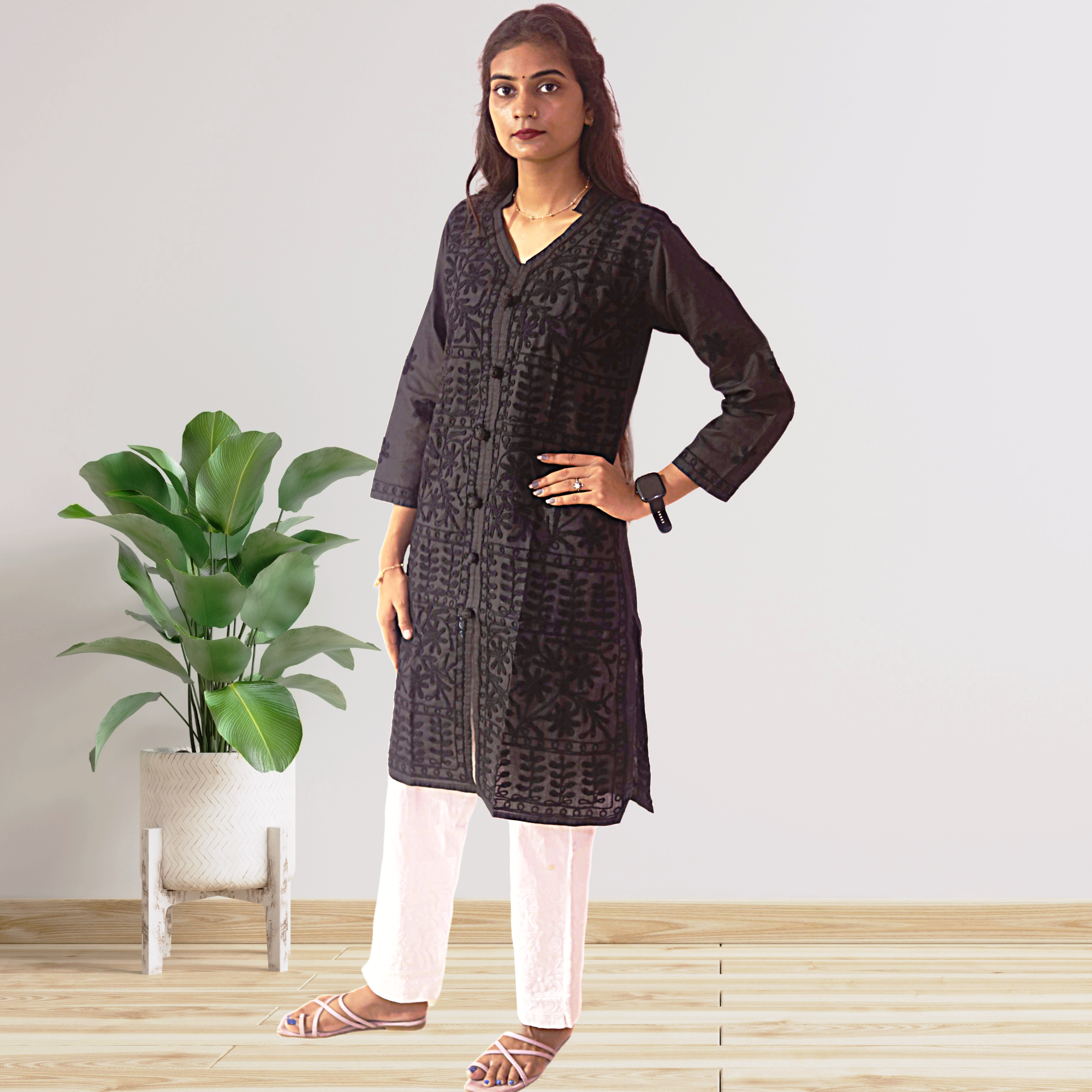 KurtiVerse Black Cotton Button Kurti for Women with Machine Embroidery