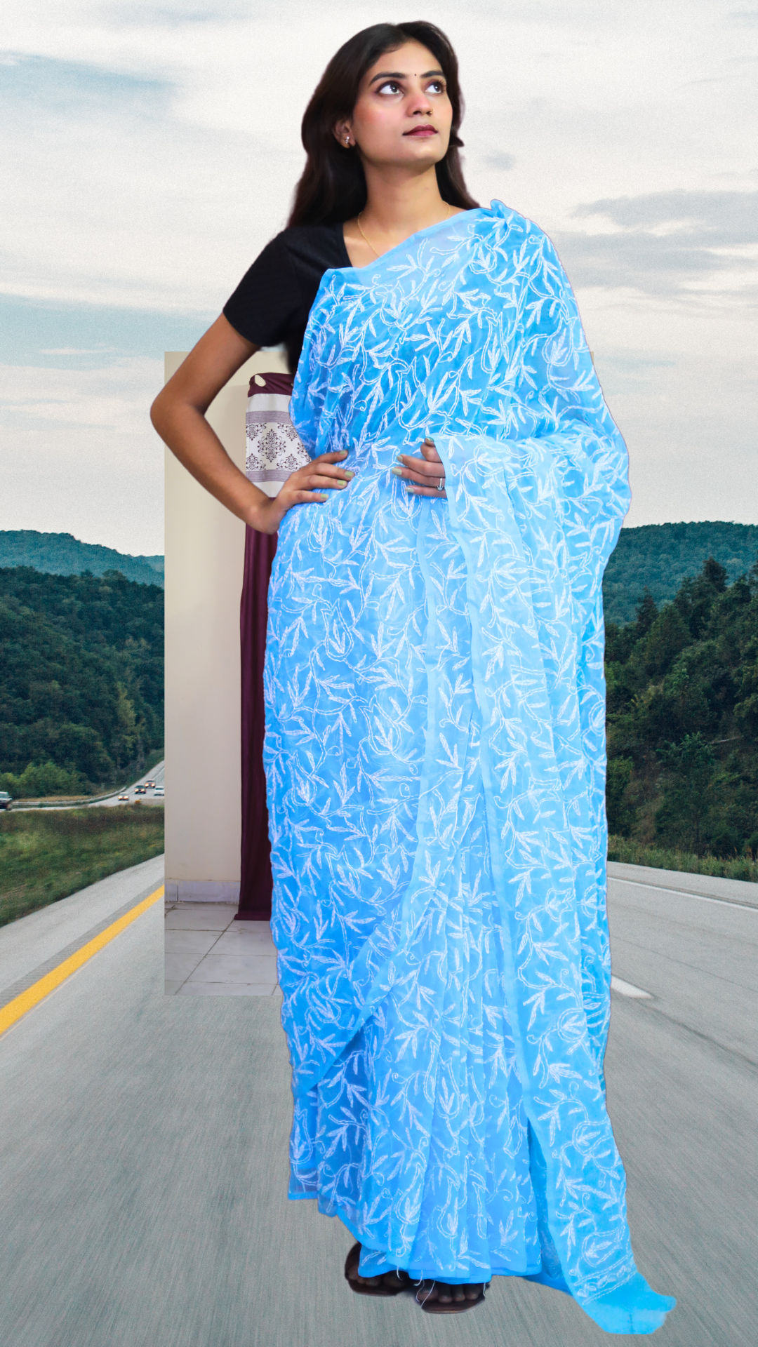 KURTIVERSE Women Chikankari Hand Embroidery Saree Blouse, Blue