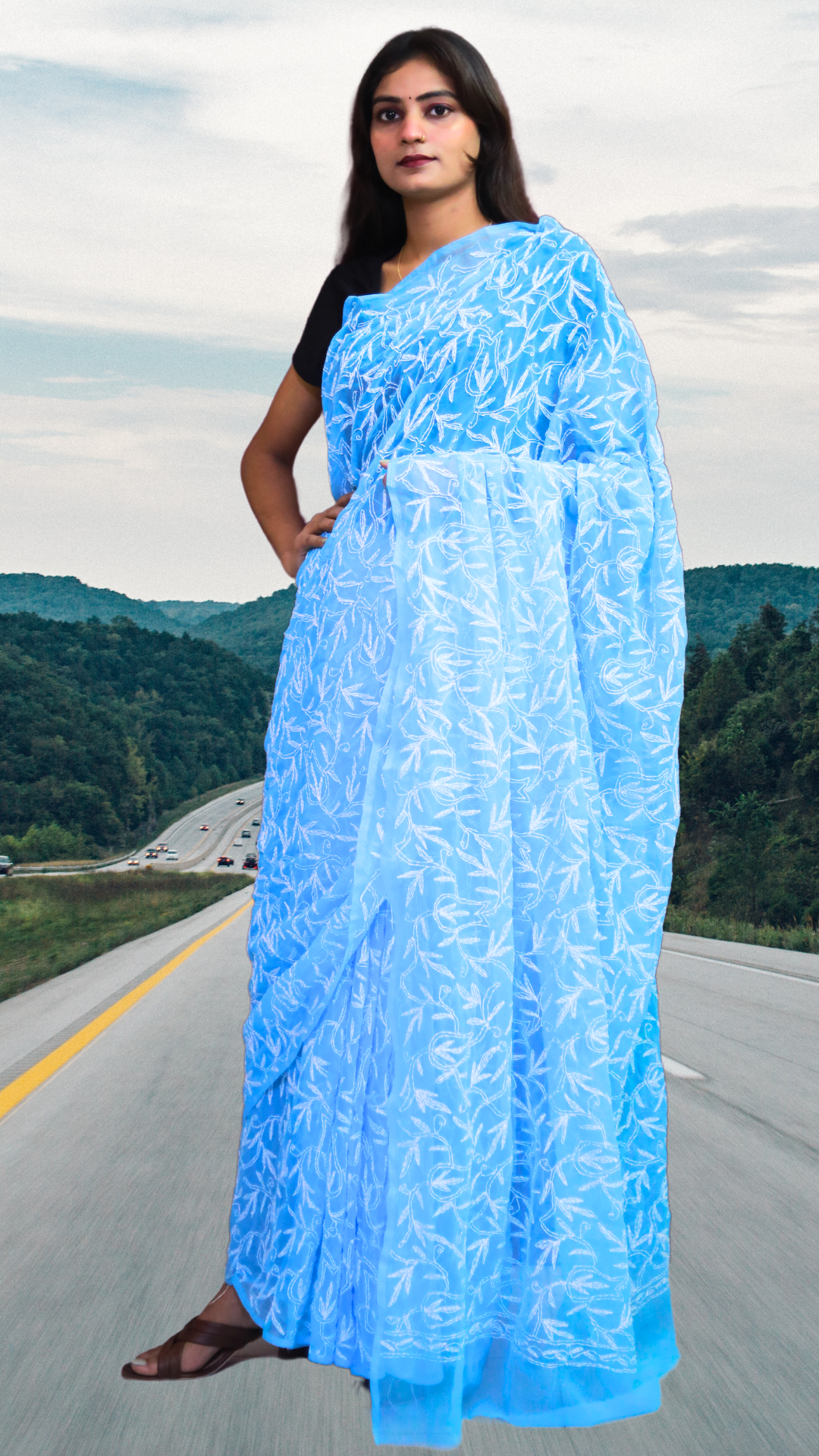 KURTIVERSE Women Chikankari Hand Embroidery Saree Blouse, Blue