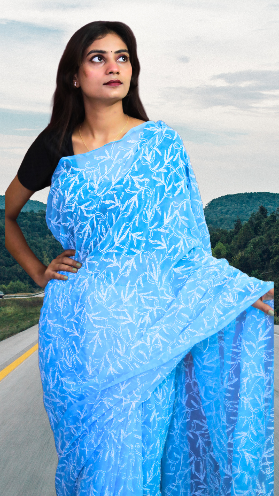 KURTIVERSE Women Chikankari Hand Embroidery Saree Blouse, Blue