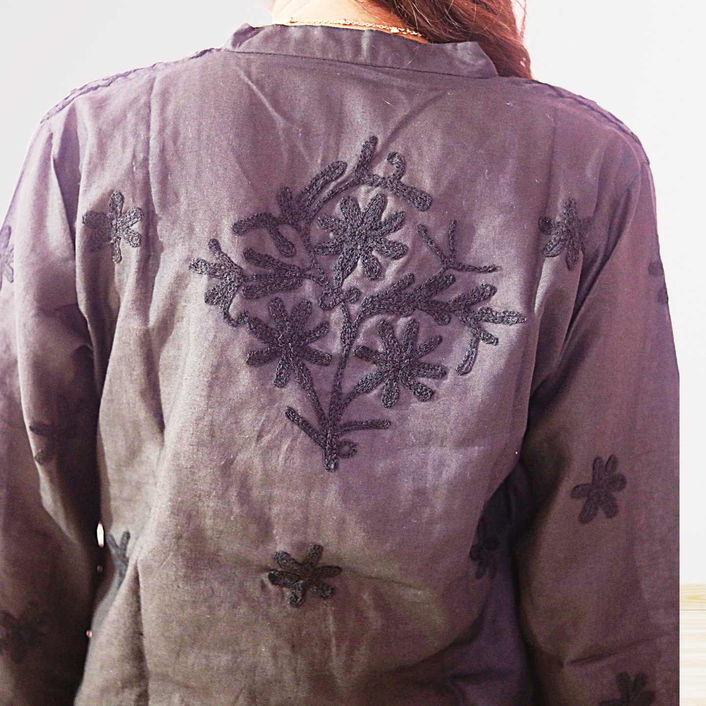 KurtiVerse Black Cotton Button Kurti for Women with Machine Embroidery