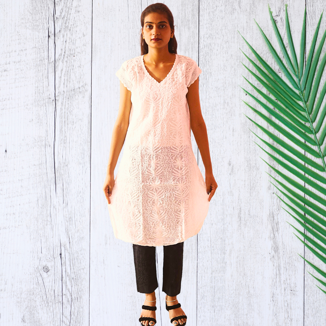 KurtiVerse Short Sleeve Cotton Chikan Embroidery Kurti for Women White