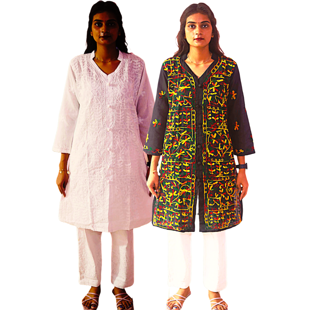 KurtiVerse White & Black Multi Button Kurti Combo Pack Of 2