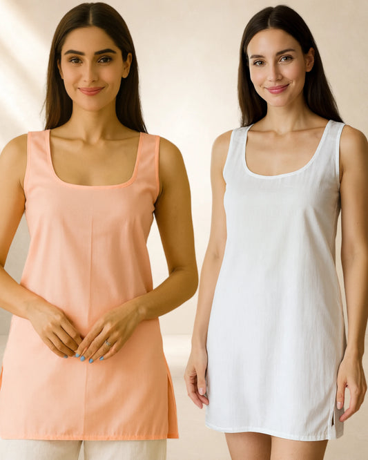 KURTIVERSE Women’s Cotton Short Inner Slip Combo Pack of 2 | Peach & White