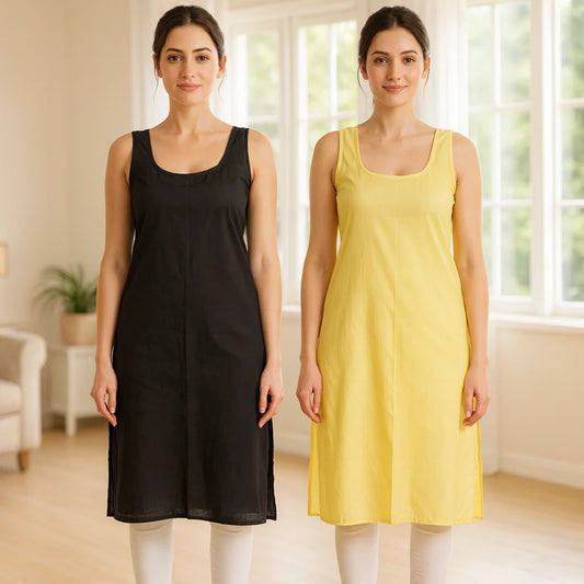 KURTIVERSE Women’s Poly Cotton Long Inner Slip Combo Pack of 2 with Side Slit | Yellow & Black